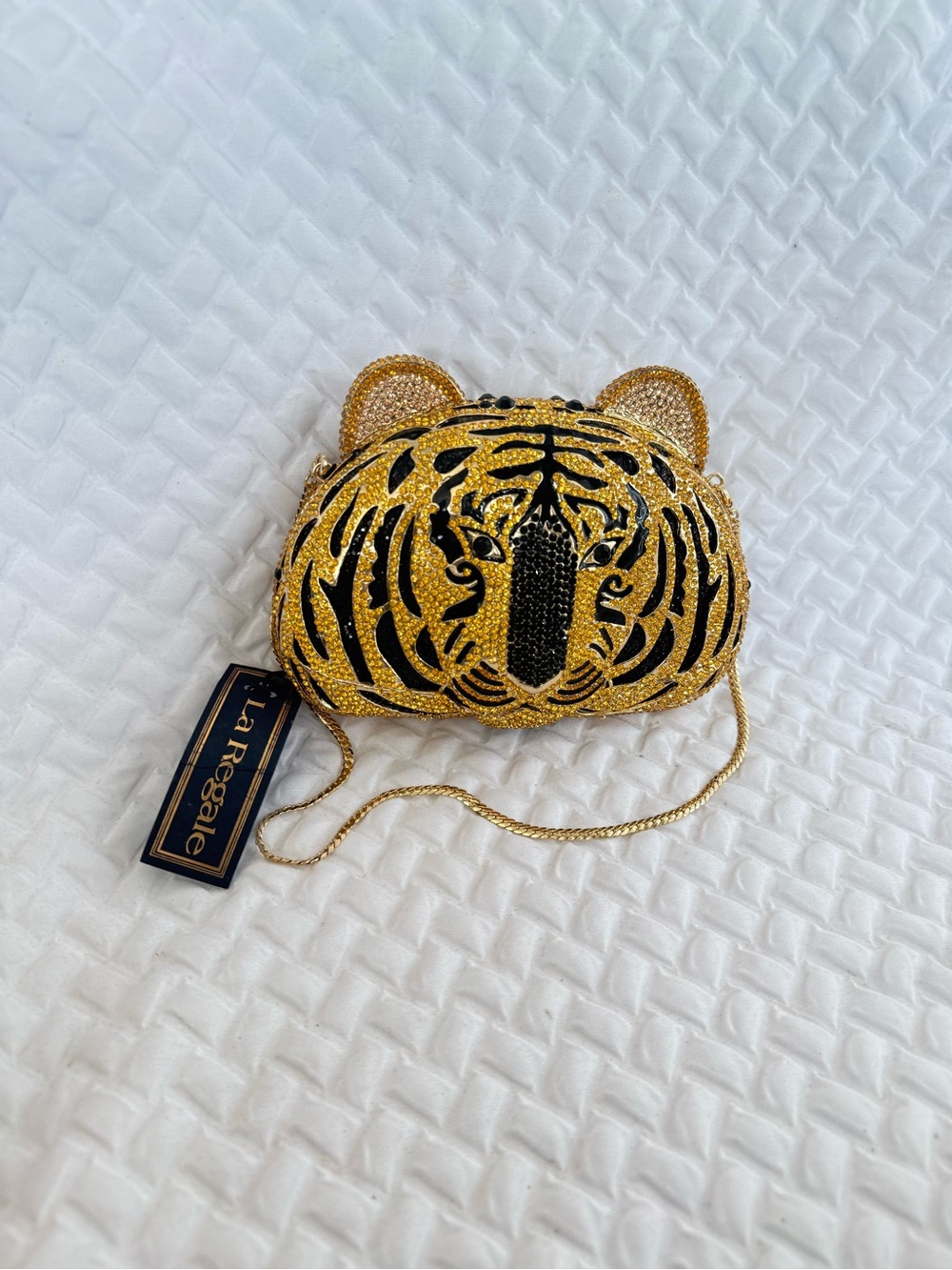 NEW LA REGALE CRYSTAL EMBELLISHED TIGER HEAD MINIAUDERIE CLUTCH PURSE RETAIL$196